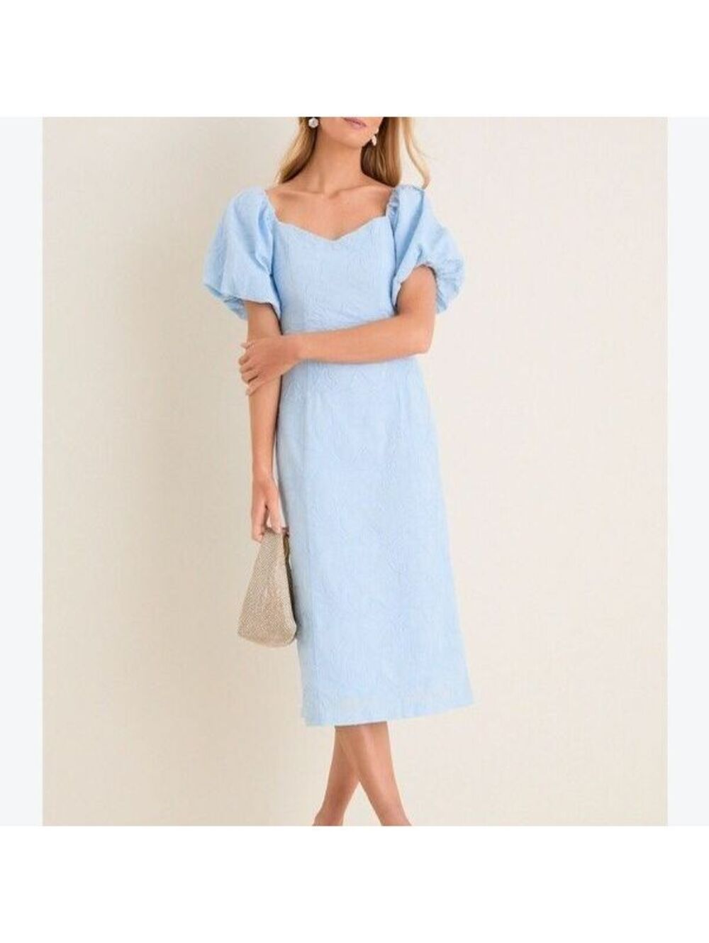 NWT Hyacinth House Powder Blue Embroidered Puff Sleeve Midi Dress Size S